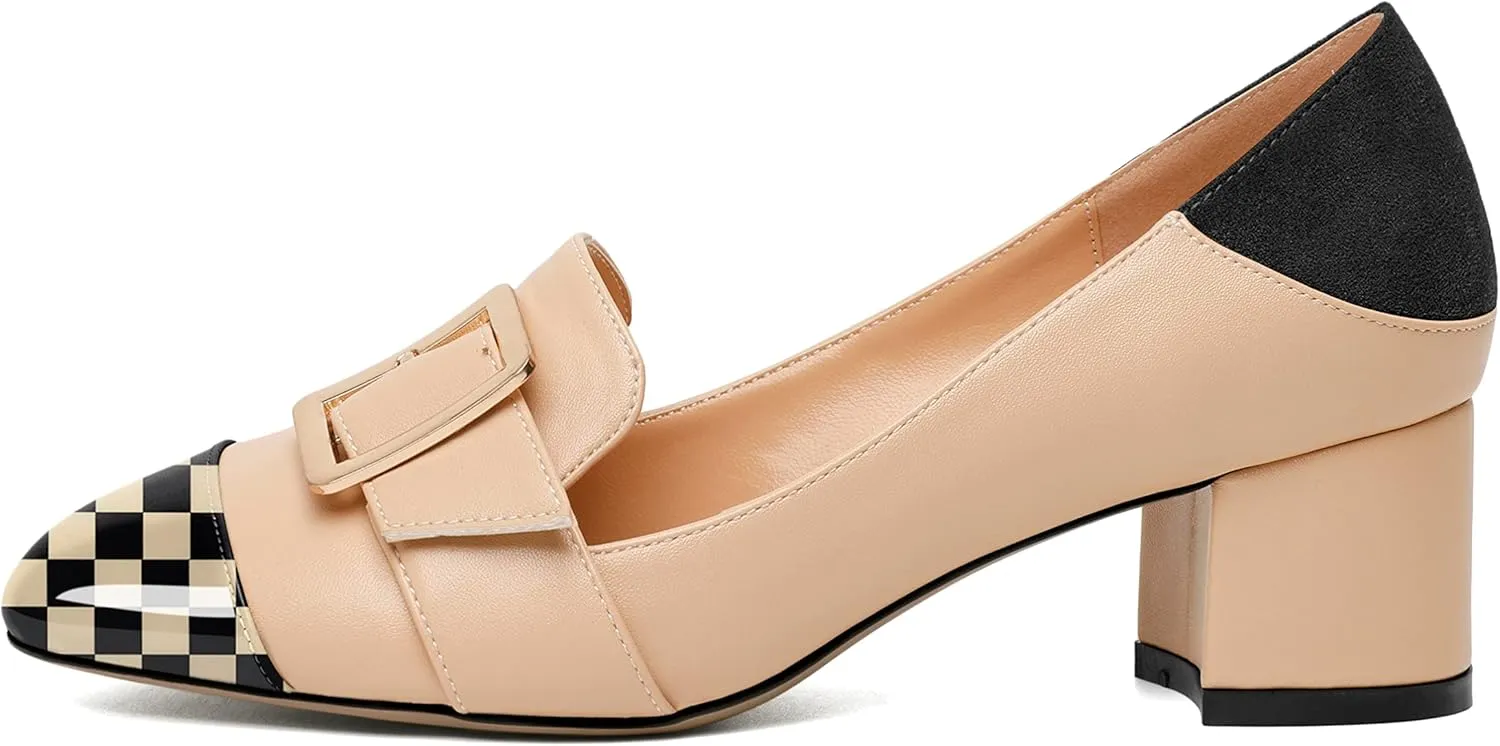 Zamikoo Block Heels for Women, Round Cap Toe Slip On Low Heel Pumps with Buckle Strap, Chunky Low Heels Loafers Pumps Dress Shoes for Wedding Party Office 2 Inches