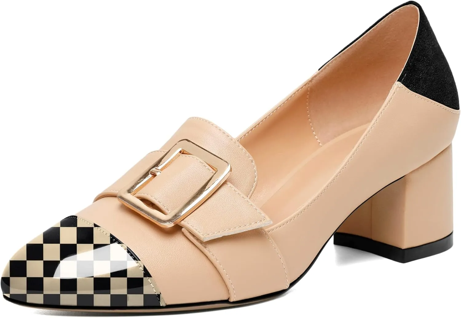 Zamikoo Block Heels for Women, Round Cap Toe Slip On Low Heel Pumps with Buckle Strap, Chunky Low Heels Loafers Pumps Dress Shoes for Wedding Party Office 2 Inches