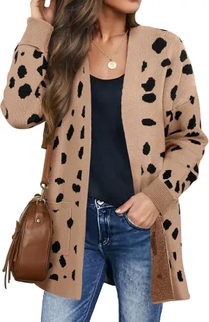 ZESICA Women's Fall Winter Long Sleeves Open Front Leopard Print Knitted Sweater Cardigan Coat Outwear