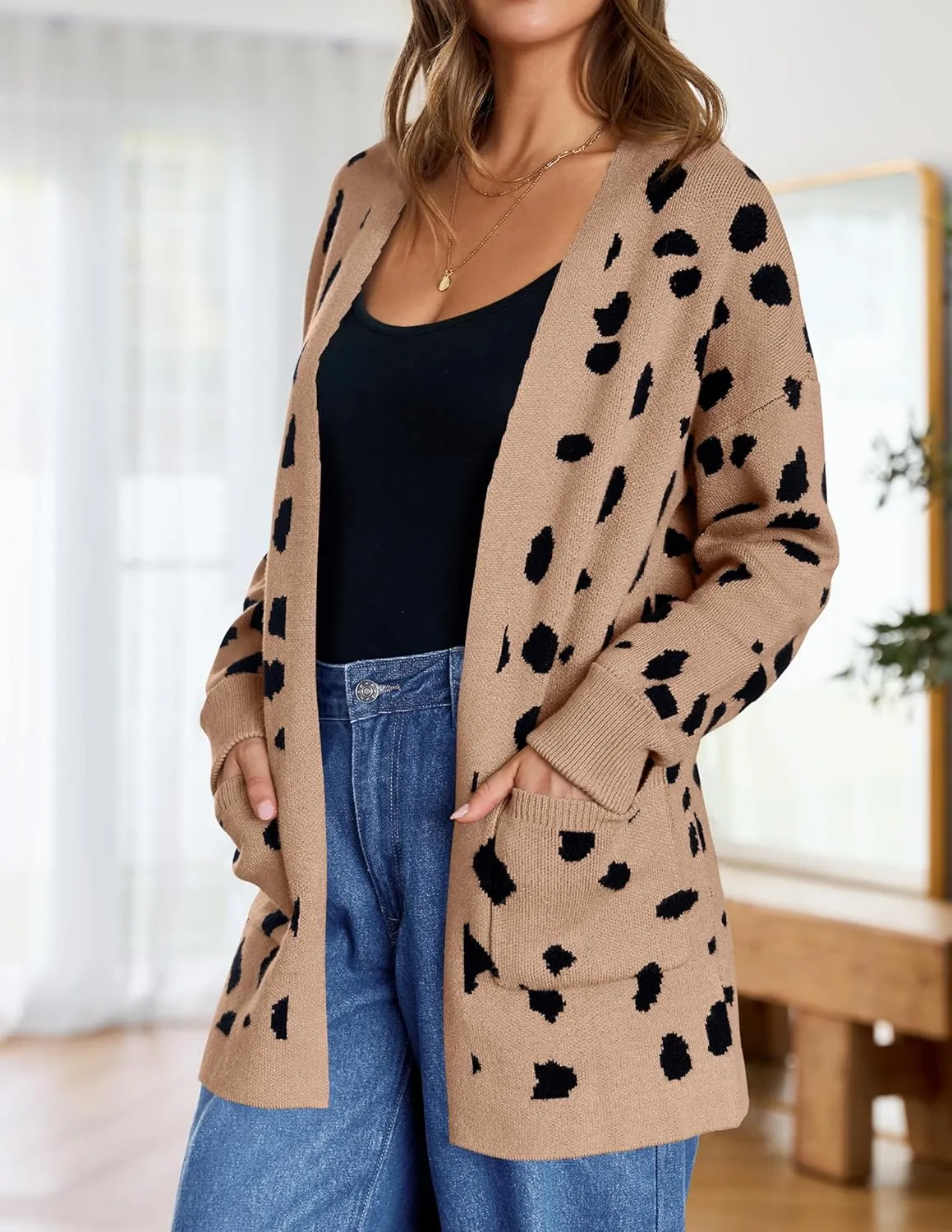 ZESICA Women's Fall Winter Long Sleeves Open Front Leopard Print Knitted Sweater Cardigan Coat Outwear