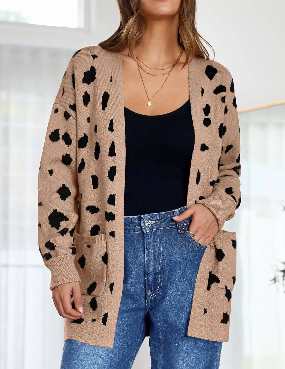 ZESICA Women's Fall Winter Long Sleeves Open Front Leopard Print Knitted Sweater Cardigan Coat Outwear