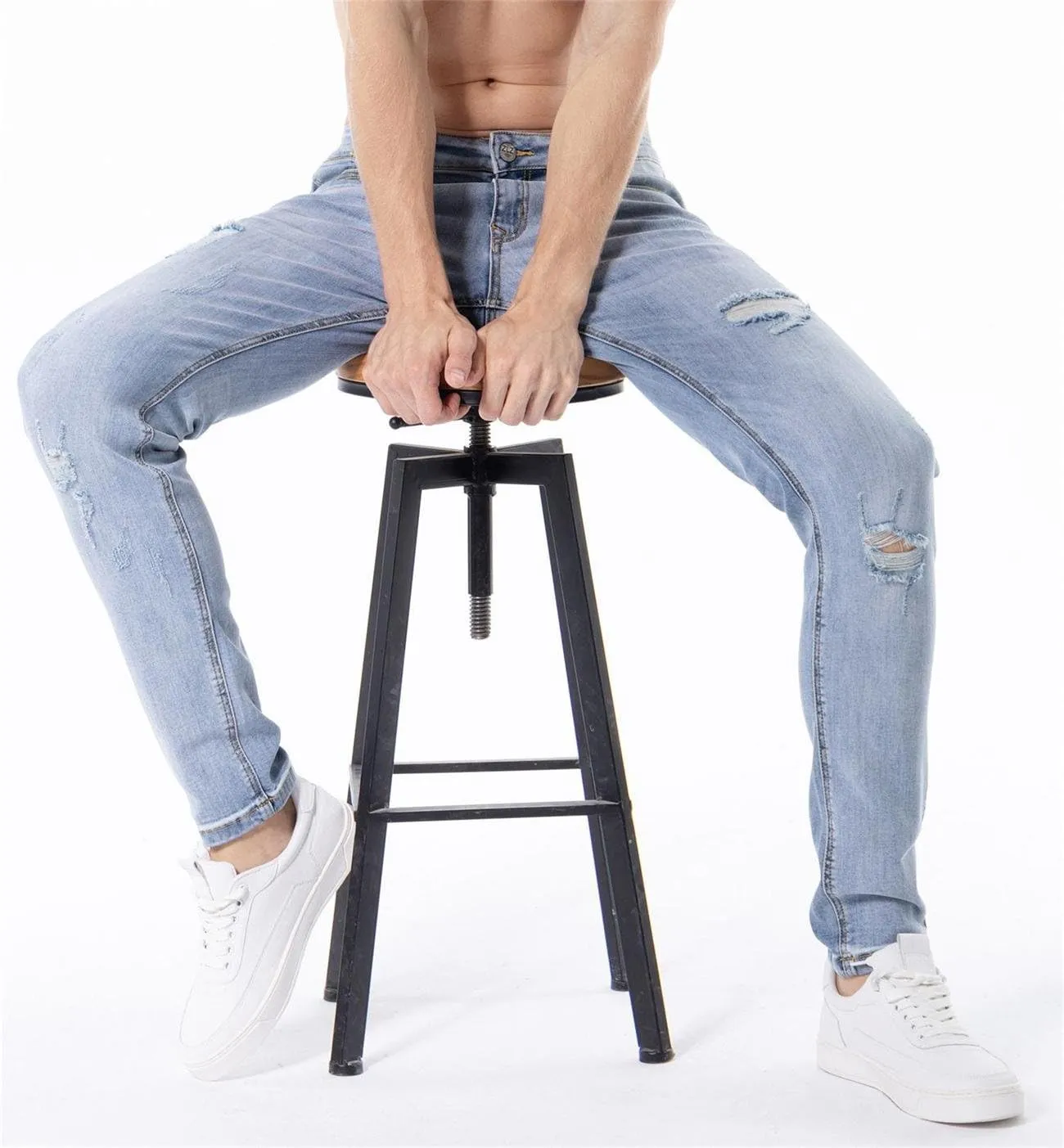 ZLZ Blue Black Ripped Distressed Jeans for Men Slim Fit, Men's Fashion Design Streetwear Destroyed Jeans Pants Stretch Fit