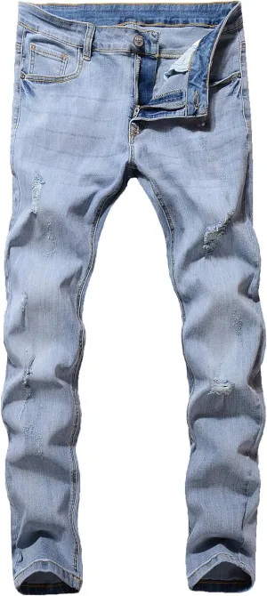 ZLZ Blue Black Ripped Distressed Jeans for Men Slim Fit, Men's Fashion Design Streetwear Destroyed Jeans Pants Stretch Fit