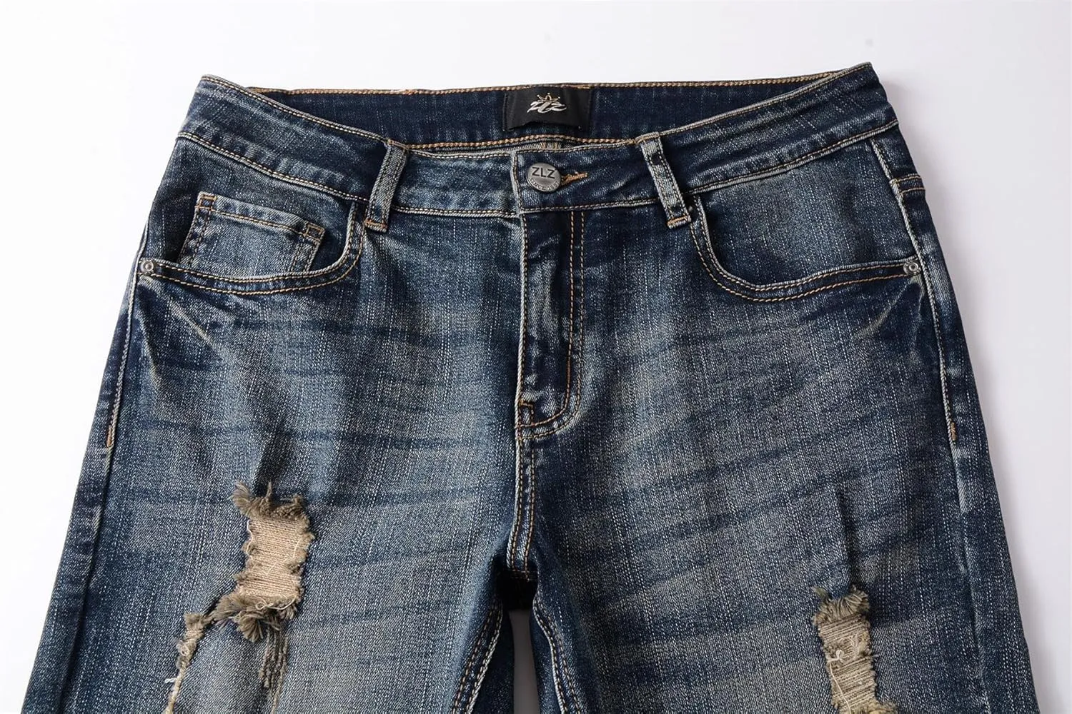 ZLZ Blue Black Ripped Distressed Jeans for Men Slim Fit, Men's Fashion Design Streetwear Destroyed Jeans Pants Stretch Fit