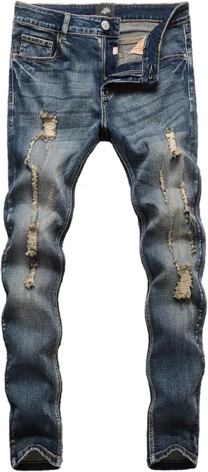 ZLZ Blue Black Ripped Distressed Jeans for Men Slim Fit, Men's Fashion Design Streetwear Destroyed Jeans Pants Stretch Fit