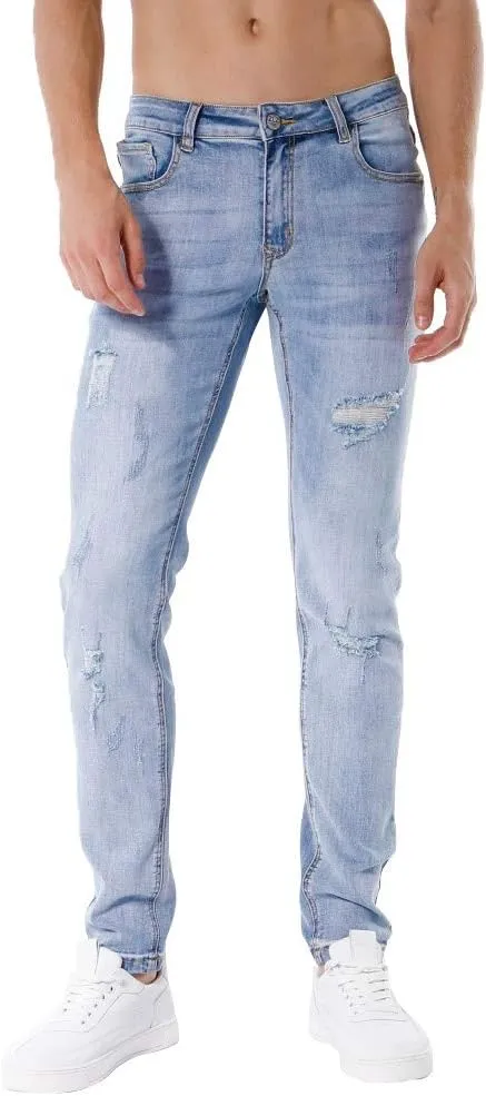 ZLZ Blue Black Ripped Distressed Jeans for Men Slim Fit, Men's Fashion Design Streetwear Destroyed Jeans Pants Stretch Fit