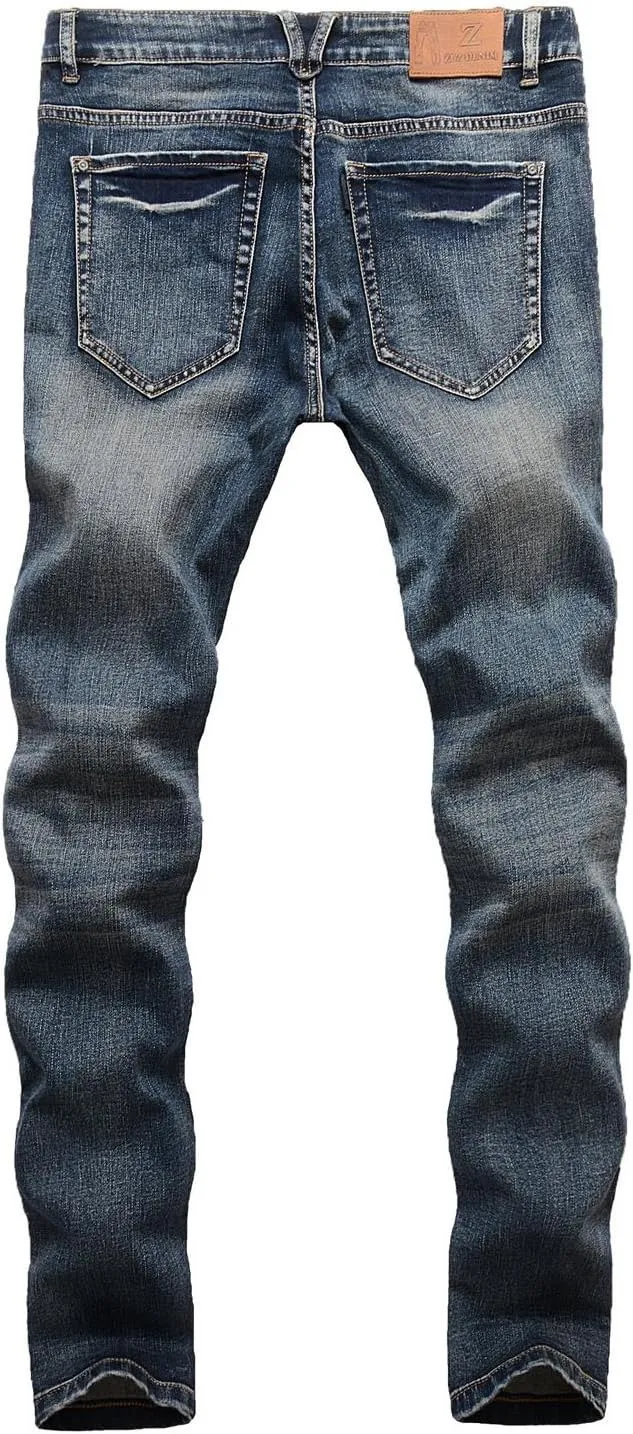 ZLZ Blue Black Ripped Distressed Jeans for Men Slim Fit, Men's Fashion Design Streetwear Destroyed Jeans Pants Stretch Fit