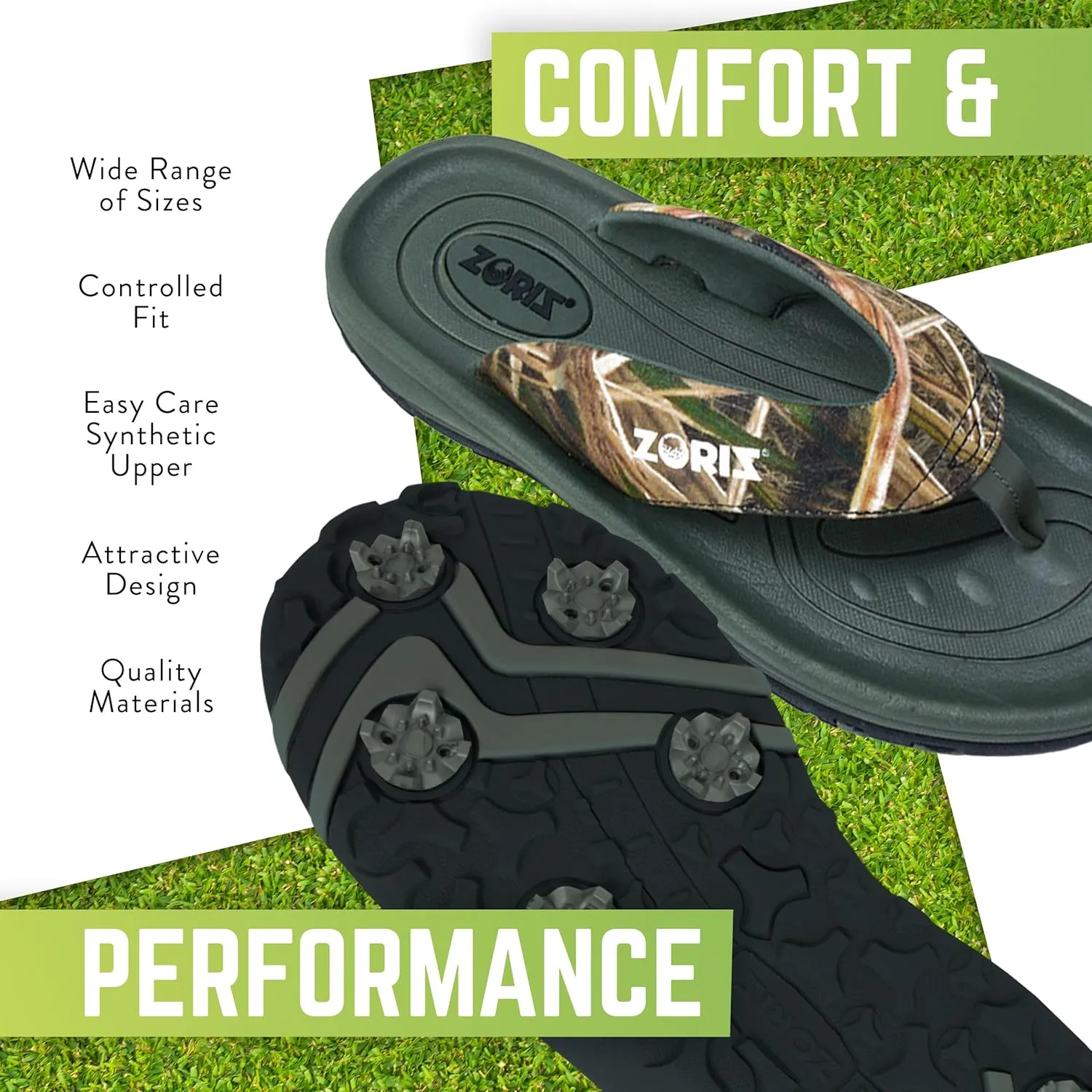 ZORIZ Mossy Oak Golf Sandals for Women and Men, Thong Flip Flops With Removable Spikes, Golf Footwear With Deeper Heel Cup and Higher Sidewalls for Comfort