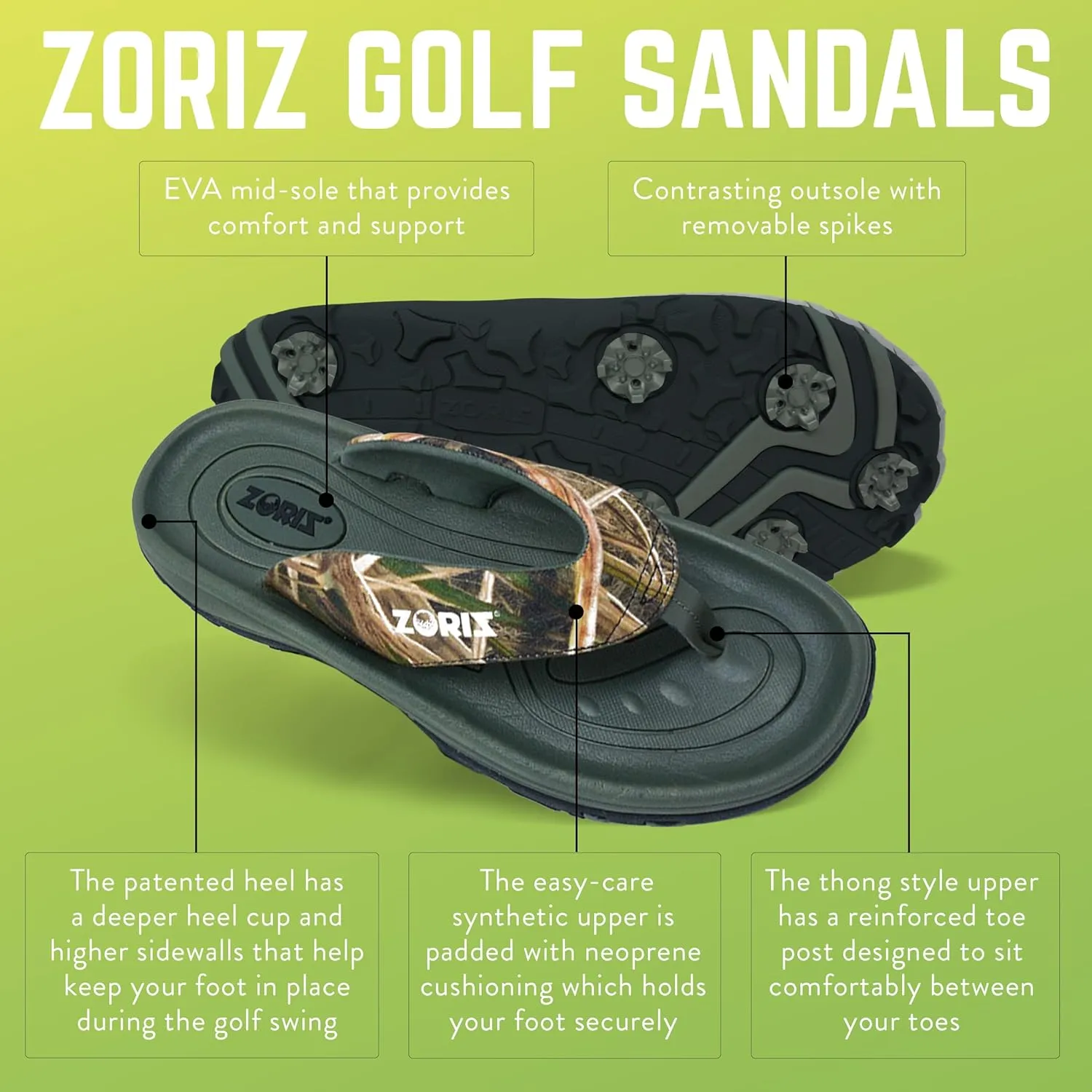 ZORIZ Mossy Oak Golf Sandals for Women and Men, Thong Flip Flops With Removable Spikes, Golf Footwear With Deeper Heel Cup and Higher Sidewalls for Comfort