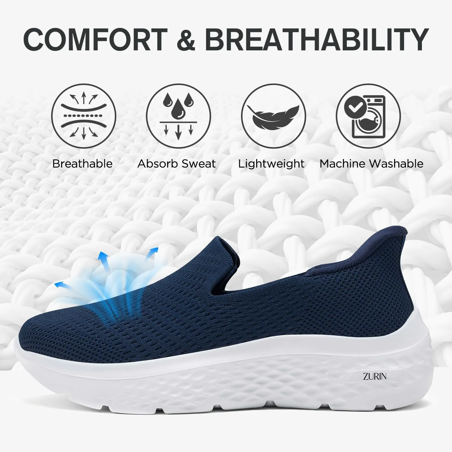 ZURIN Womens Slip On Walking Shoes with Arch Support,Lightweight No Lace Sneakers,Non Slip Breathable Tennis Shoes