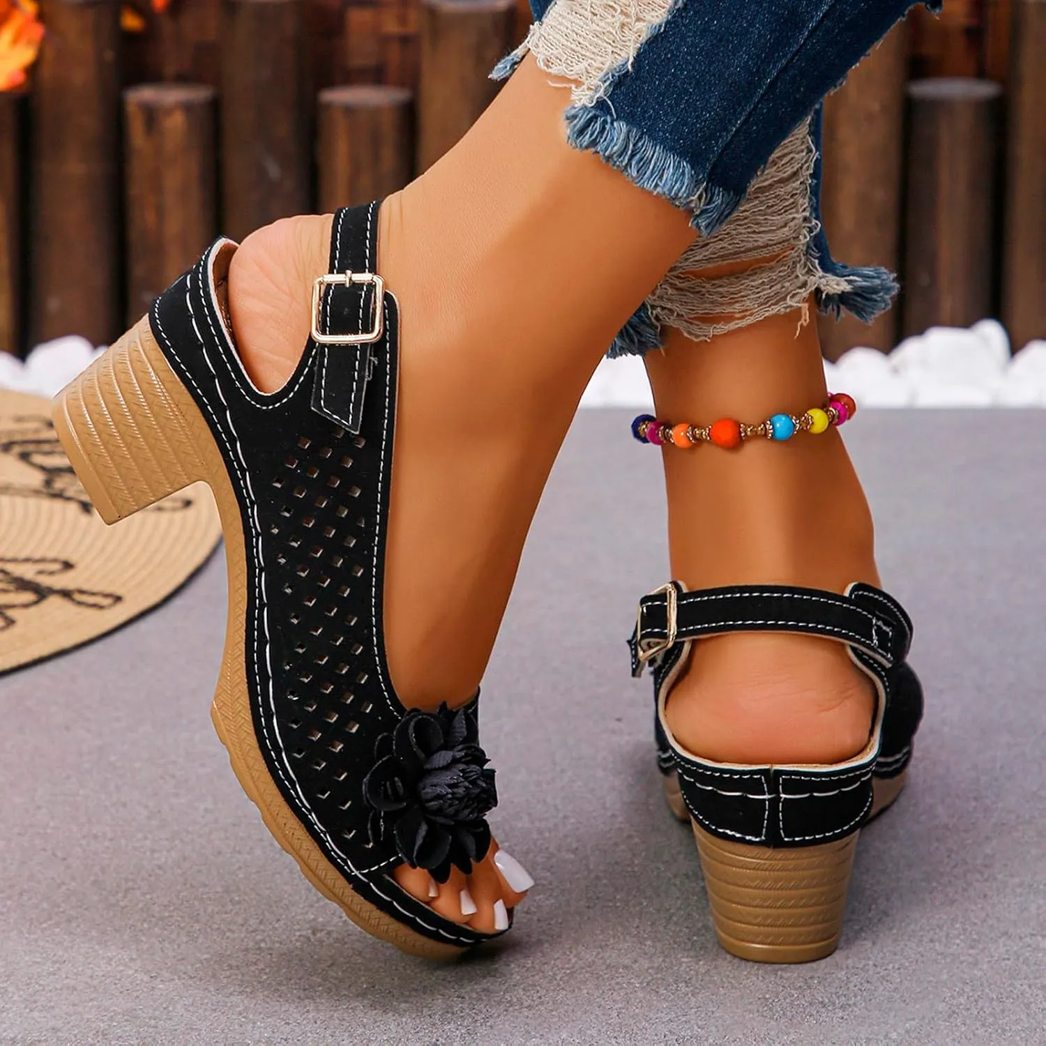 ZWRXW Wedge Sandals for Women Peep Toe Hollow Out Slingback Platform Wedge Sandals Bohemian Chic Flowers Dressy Summer Sandal Open Toe Ankle Strap Chunky Heel Shoes for Travel Vacation Beach Party