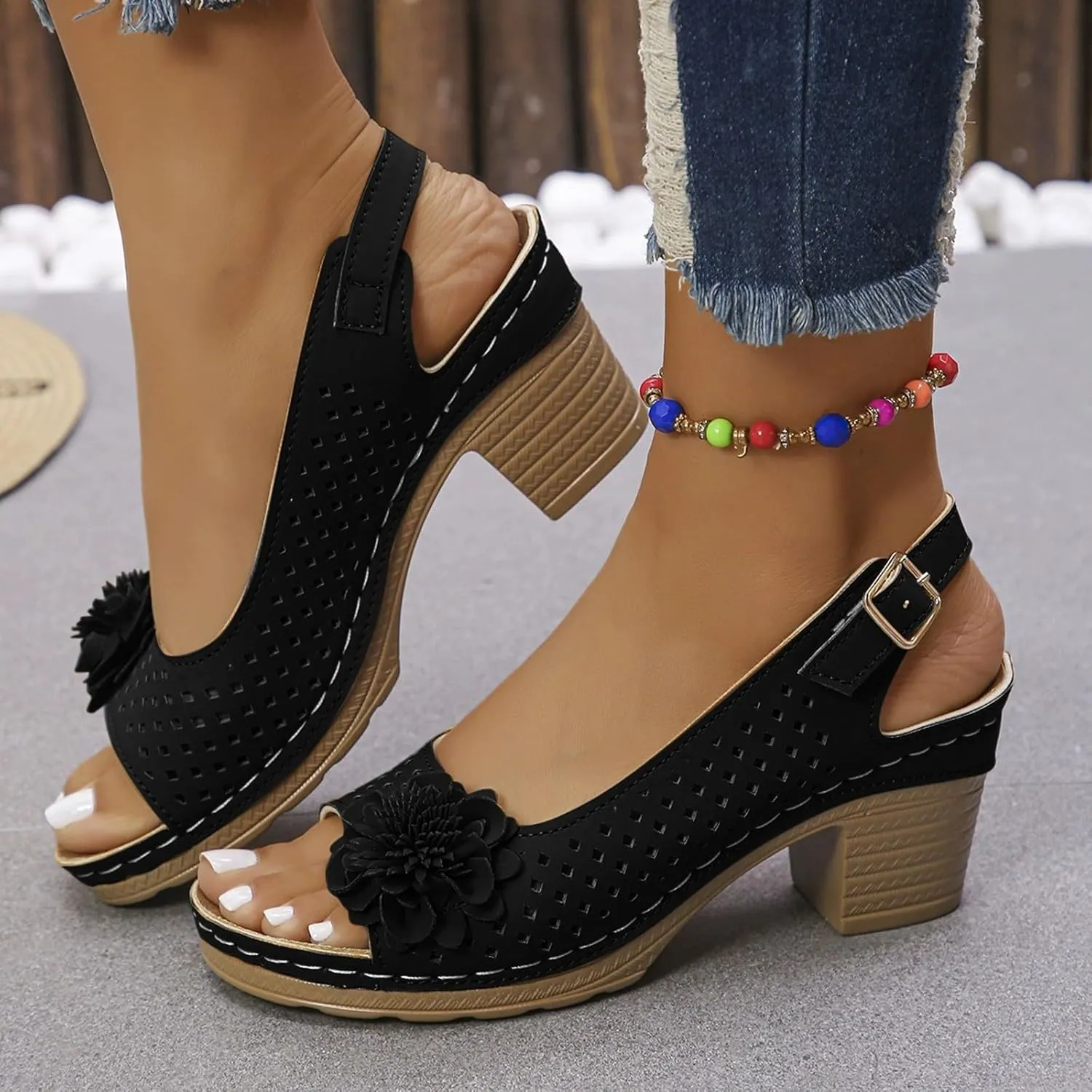 ZWRXW Wedge Sandals for Women Peep Toe Hollow Out Slingback Platform Wedge Sandals Bohemian Chic Flowers Dressy Summer Sandal Open Toe Ankle Strap Chunky Heel Shoes for Travel Vacation Beach Party