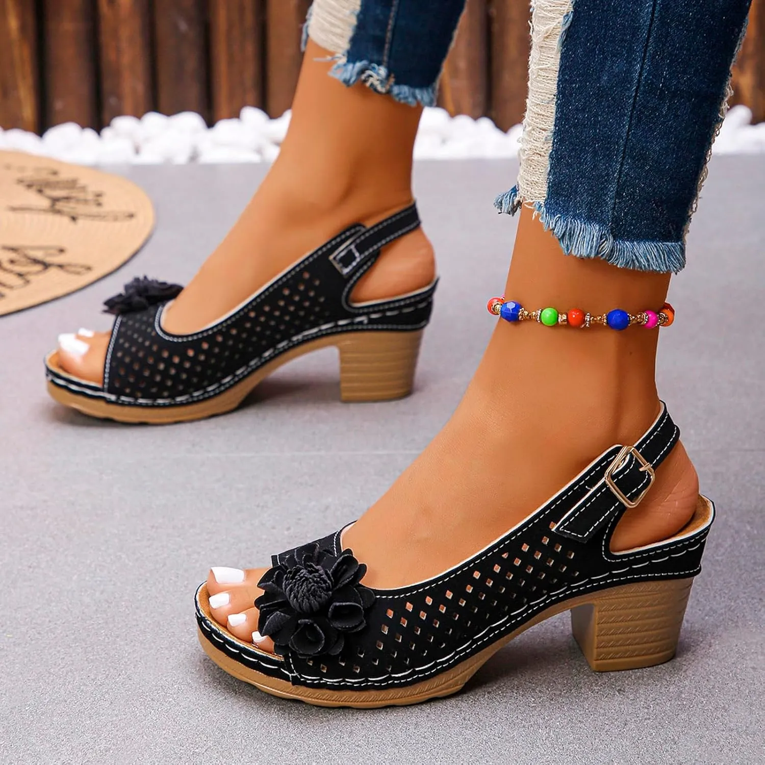 ZWRXW Wedge Sandals for Women Peep Toe Hollow Out Slingback Platform Wedge Sandals Bohemian Chic Flowers Dressy Summer Sandal Open Toe Ankle Strap Chunky Heel Shoes for Travel Vacation Beach Party