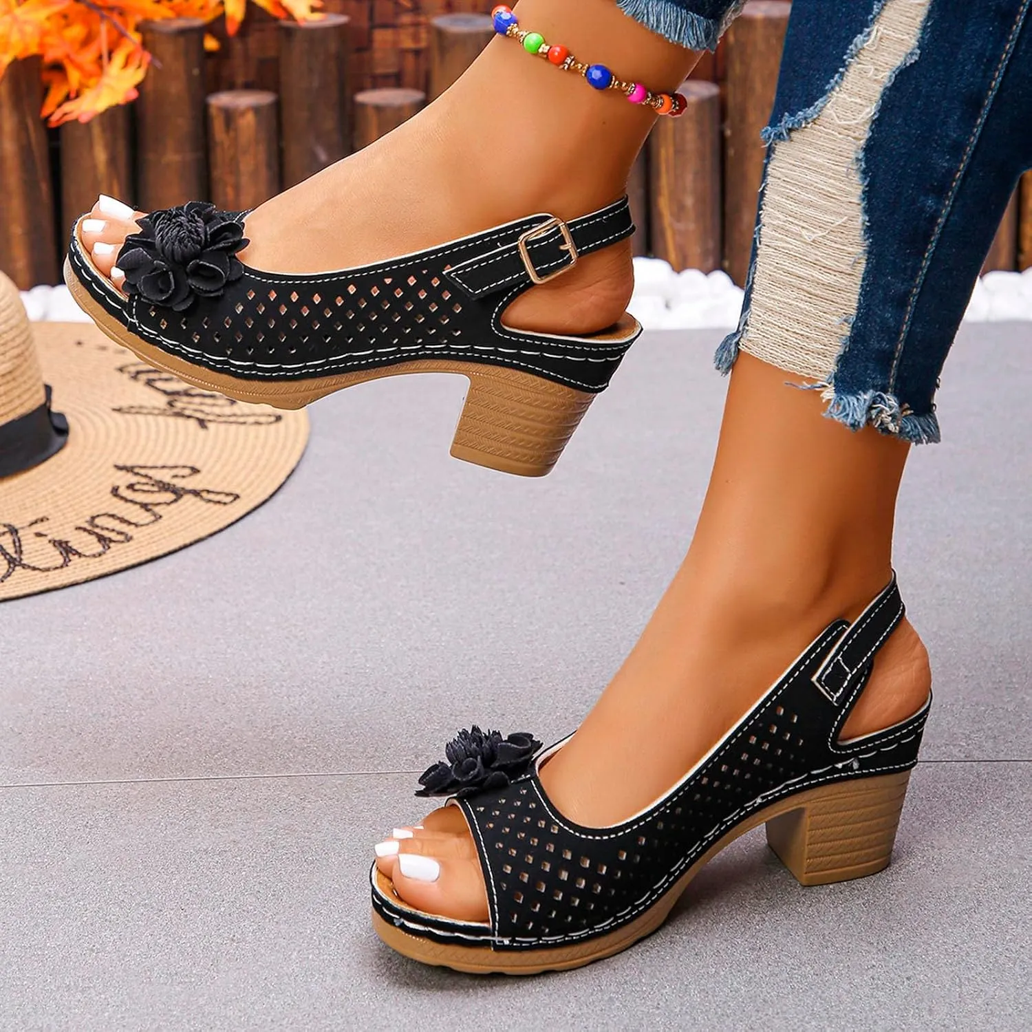ZWRXW Wedge Sandals for Women Peep Toe Hollow Out Slingback Platform Wedge Sandals Bohemian Chic Flowers Dressy Summer Sandal Open Toe Ankle Strap Chunky Heel Shoes for Travel Vacation Beach Party